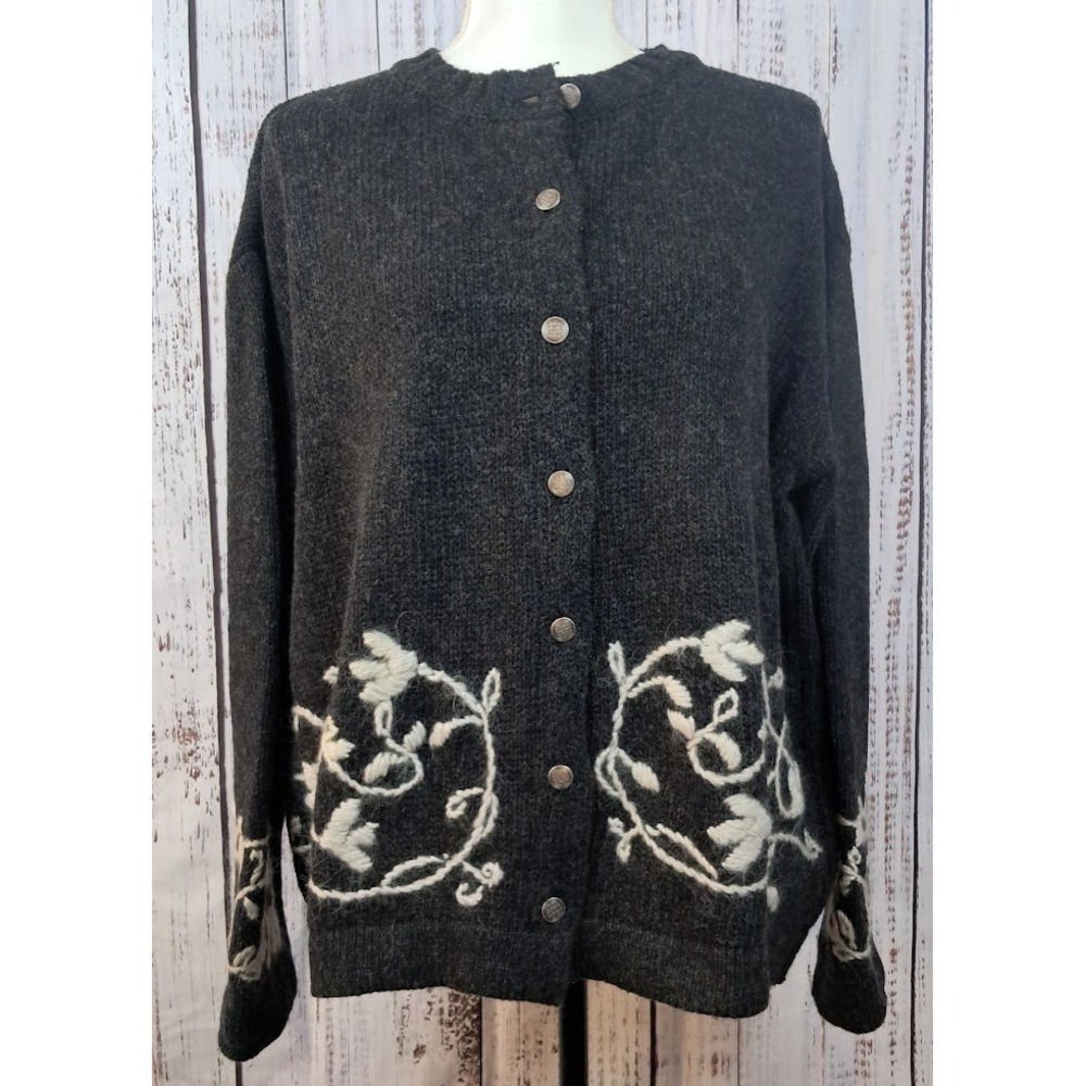 VTG OLD NAVY M/L Wool Cardigan Sweater‎ Gray Embroidered Floral Knitwear Scandi